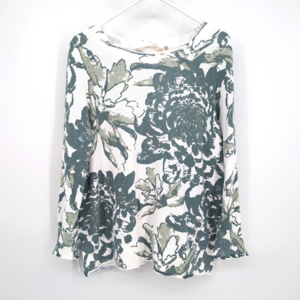 Soft Surroundings Sweater White‎ Green Floral Cotton Knit Pullover Womens XL